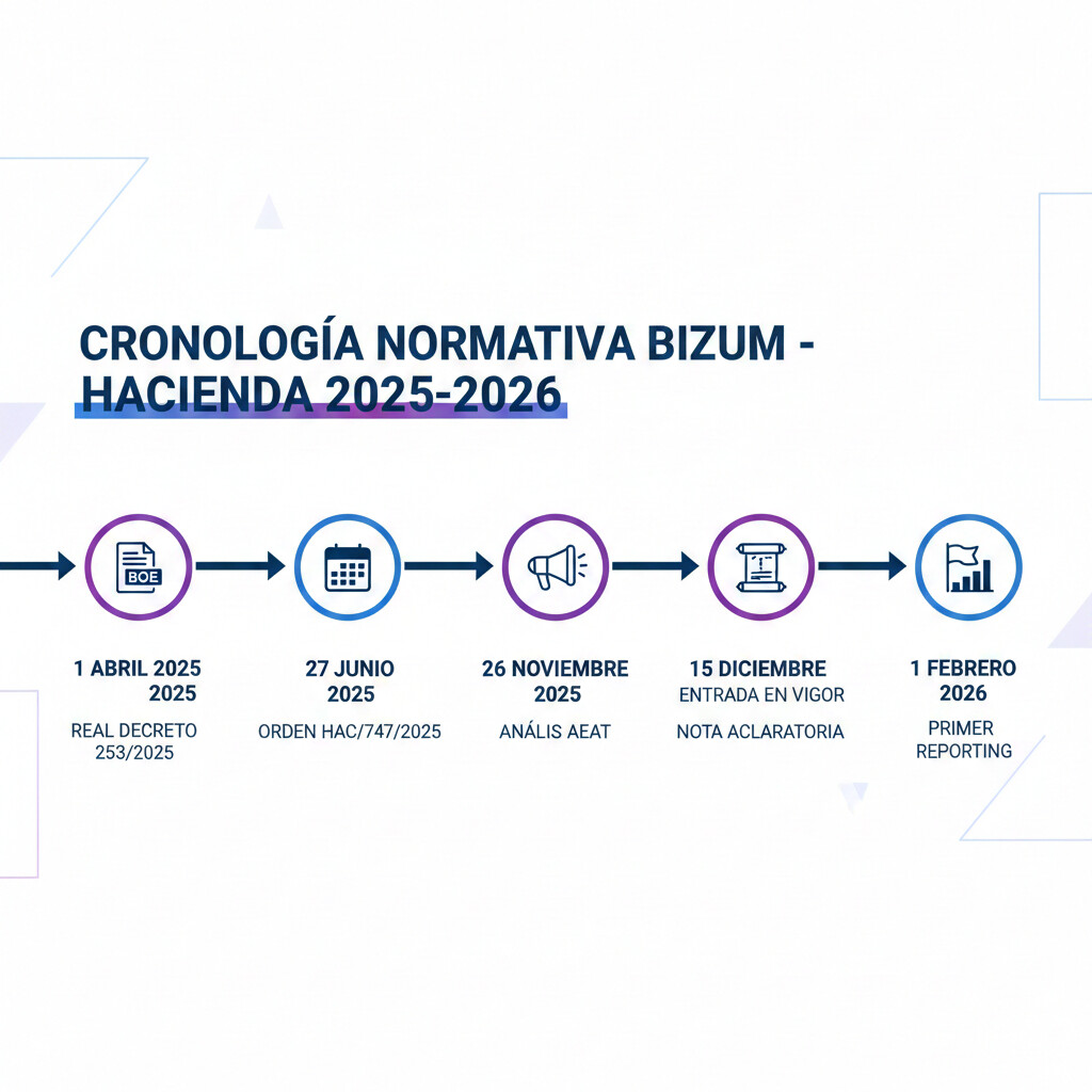 Cronología normativa Bizum Hacienda: RD 253/2025 abril, Orden HAC/747/2025 junio, nota aclaratoria diciembre, vigencia enero 2026