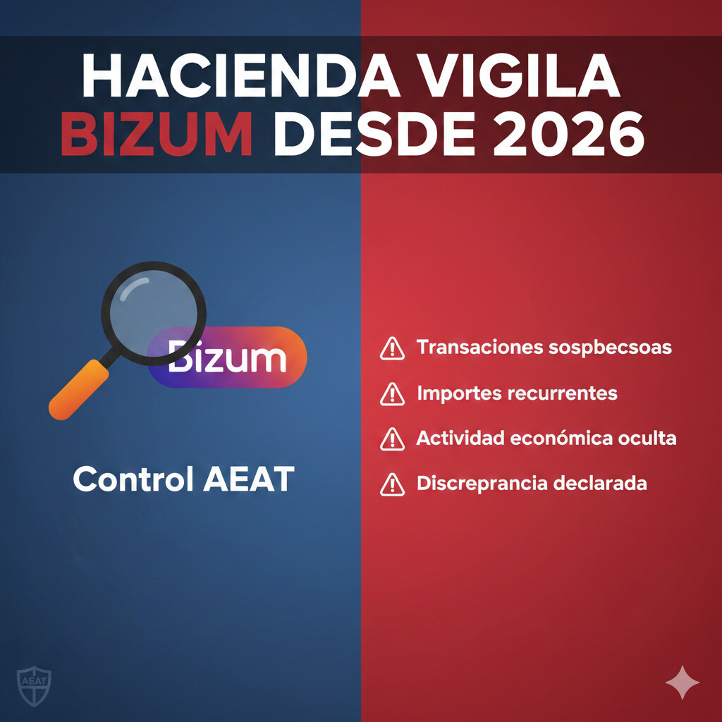 Ilustración conceptual vigilancia Bizum Hacienda 2026 con smartphone mostrando transacciones y logo AEAT realizando control fiscal