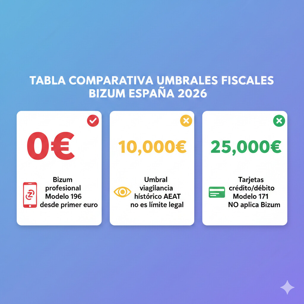 Tabla comparativa umbrales fiscales: 0€ Bizum profesional Modelo 196, 10.000€ umbral vigilancia histórico, 25.000€ tarjetas Modelo 171