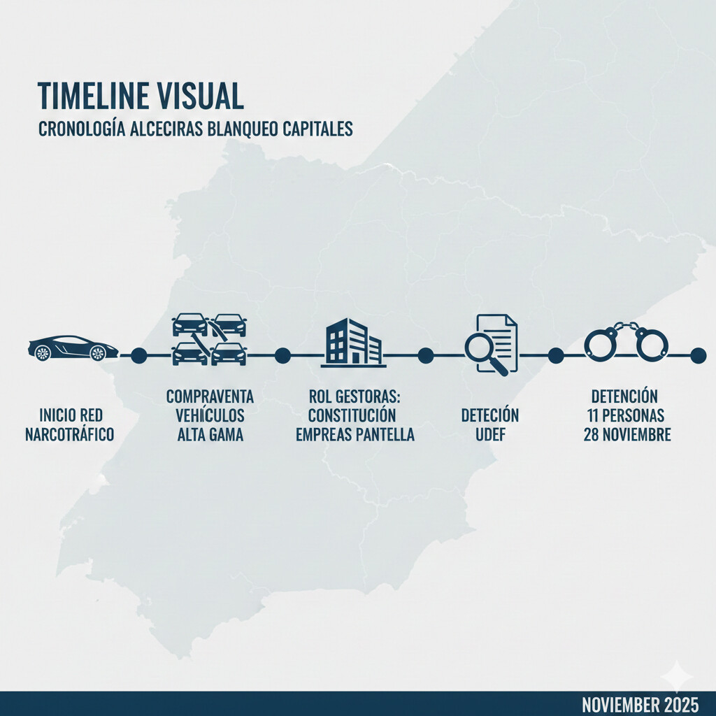 Timeline caso Algeciras blanqueo capitales gestorías: cronología operación UDEF desde inicio red narcotráfico hasta detención 11 personas 28 noviembre 2025, rol gestorías compraventa vehículos alta gama, señales alerta ignoradas, lecciones compliance prevención