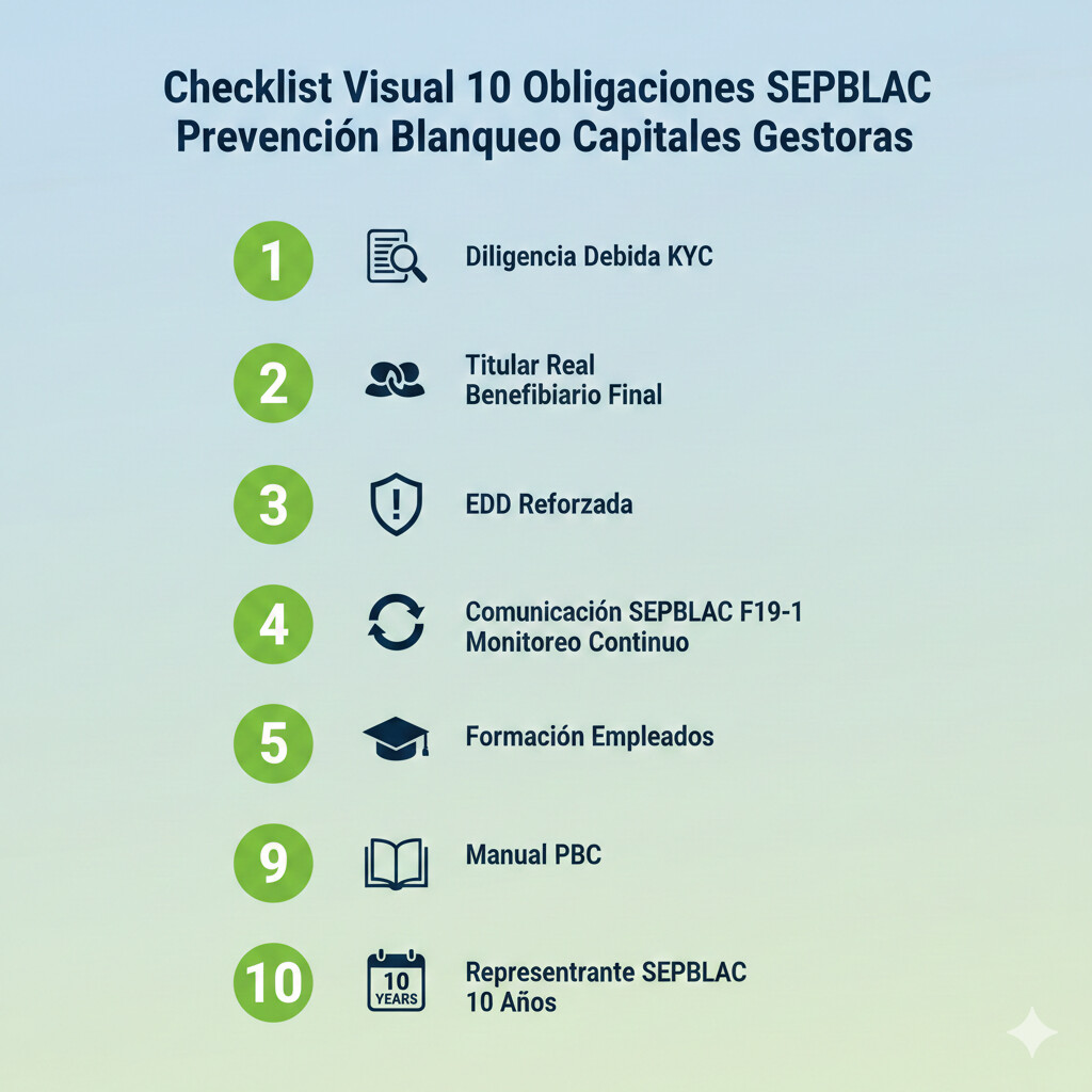Checklist visual 10 obligaciones SEPBLAC gestorías 2025: diligencia debida cliente KYC, identificación titular real beneficiario final, evaluación riesgos clientes, due diligence reforzada EDD, monitoreo continuo operaciones, comunicación SEPBLAC formulario F19-1, formación empleados, manual interno PBC, conservación registros 10 años, representante SEPBLAC
