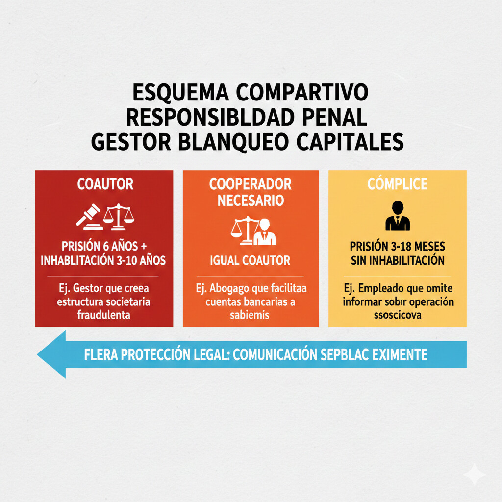 Esquema protección legal gestor responsabilidad penal blanqueo capitales: diferencia coautor cooperador necesario cómplice, jurisprudencia Tribunal Supremo casos asesores fiscales, 5 medidas preventivas audit trail documentación comunicación SEPBLAC formación empleados manual PBC, eximente responsabilidad penal
