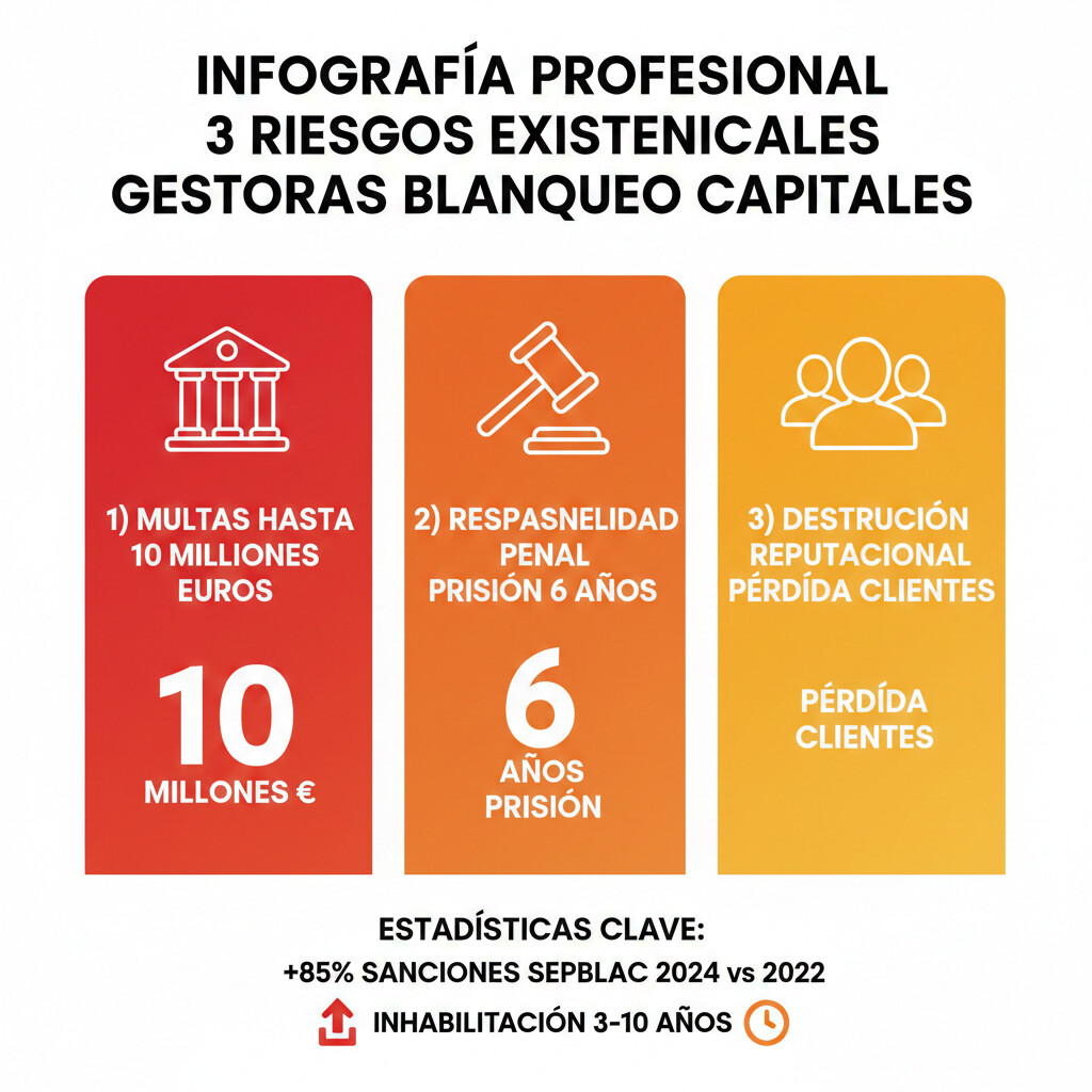 Infografía 3 riesgos existenciales gestorías 2025: multas hasta 10 millones euros, responsabilidad penal prisión 6 años e inhabilitación 3-10 años, destrucción reputacional pérdida 30-50% clientes, estadísticas sanciones SEPBLAC 2022-2024 crecimiento 85%