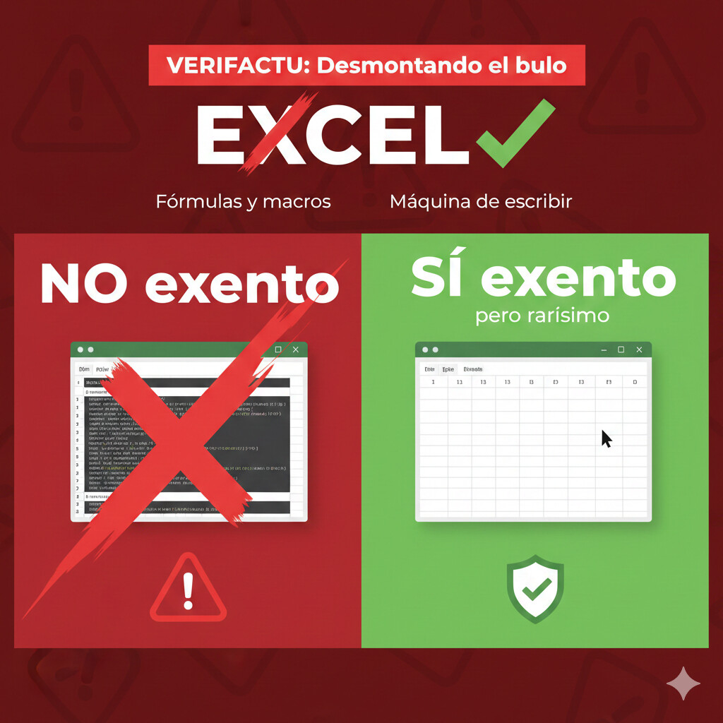 Infografía desmontando el bulo Excel Word VERIFACTU, con lado izquierdo mostrando Excel con fórmulas tachado (NO exento) y lado derecho Excel vacío como máquina de escribir (SÍ exento pero rarísimo), fondo rojo advertencia