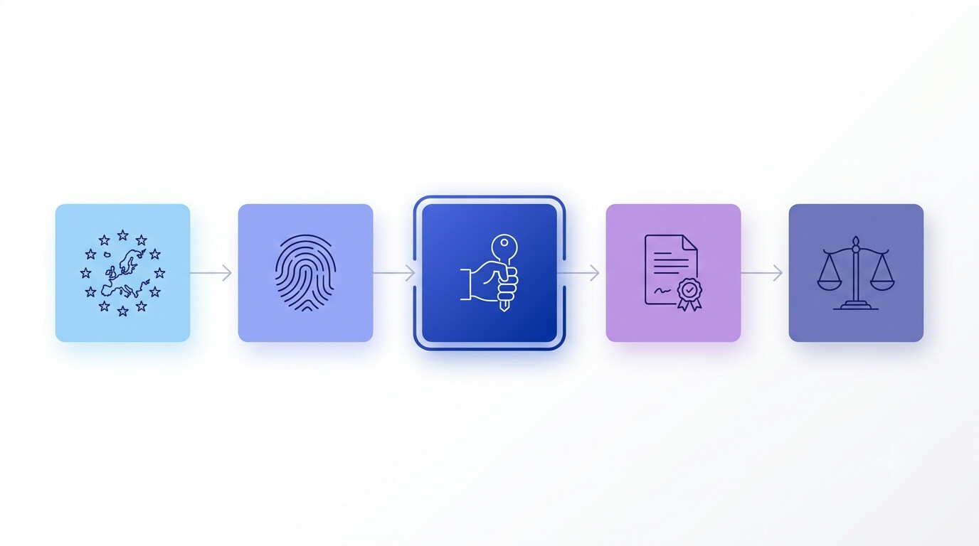 Secuencia de cinco iconos que representa la cadena de la firma electrónica: normativa europea, identidad del firmante, control de la clave, certificado y consecuencia jurídica