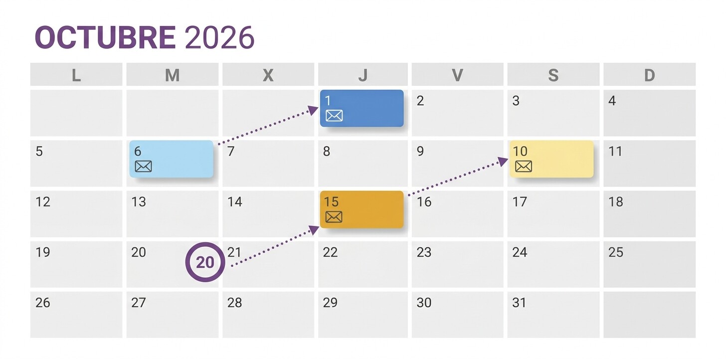 Calendario de octubre de 2026 con la cadencia de cuatro recordatorios a clientes de gestoría marcados los días 1, 6, 10 y 15 y el fin de plazo el día 20