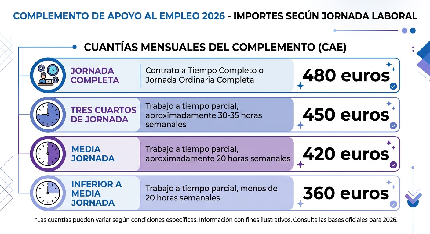 Tabla de cuantías del Complemento de Apoyo al Empleo CAE 2026 por jornada laboral y tipo de prestación