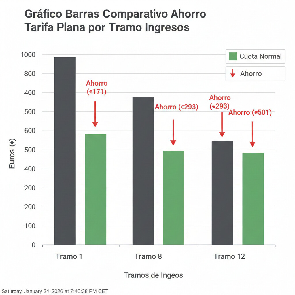 Gráfico barras comparativo ahorro tarifa plana autónomos por tramo ingresos, mostrando diferencial €111-€501 mensual según nivel facturación