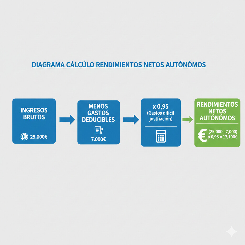 Diagrama visual explicando fórmula cálculo rendimientos netos autónomos 2025 con ejemplos prácticos