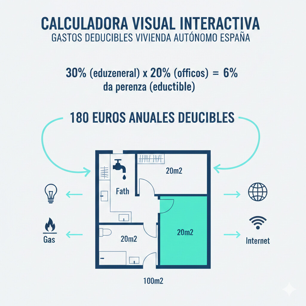 Calculadora visual mostrando ejemplo práctico de cálculo de gastos deducibles de vivienda para autónomo: vivienda 100m², oficina 20m², suministros anuales 3,000€, aplicando fórmula 30% × 20% = 180€ deducibles al año, con desglose detallado paso a paso