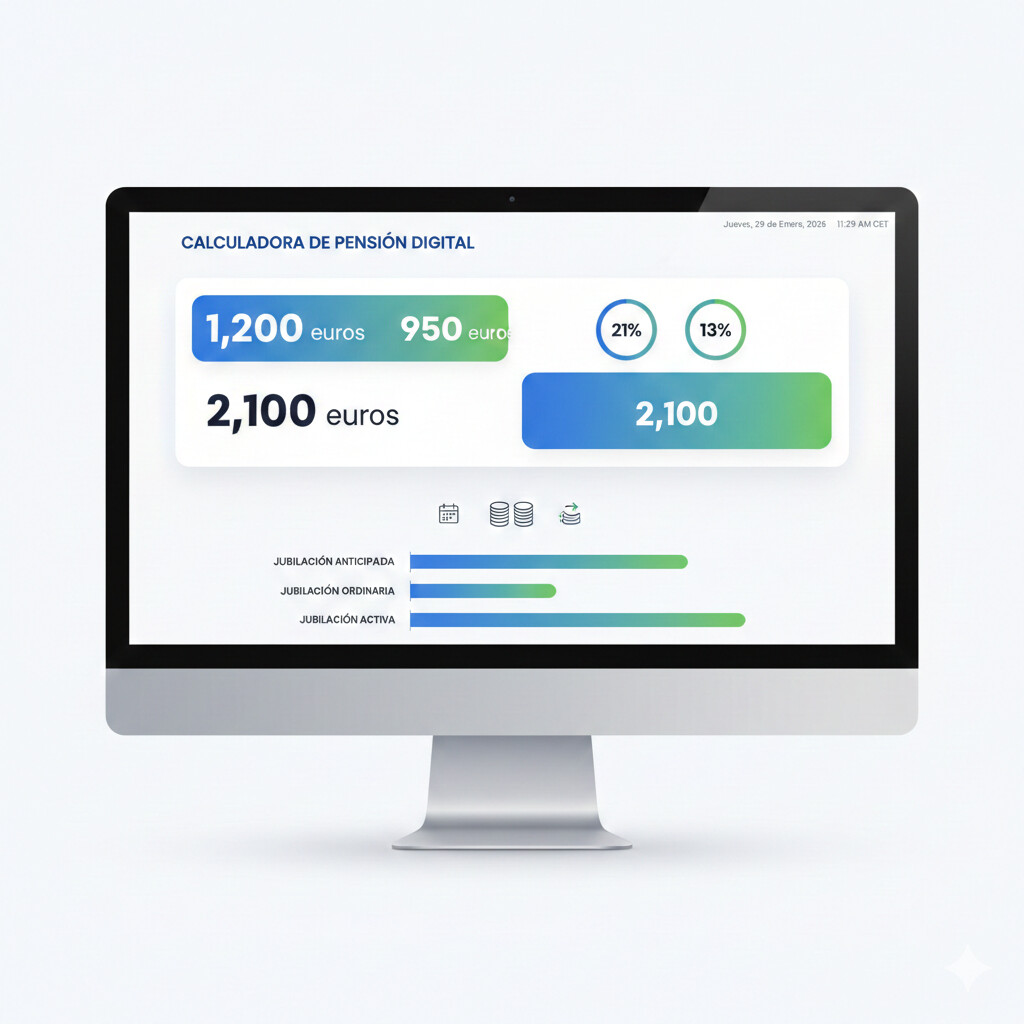 Interfaz de calculadora digital mostrando cálculo de pensión de jubilación anticipada con gráficos y números grandes