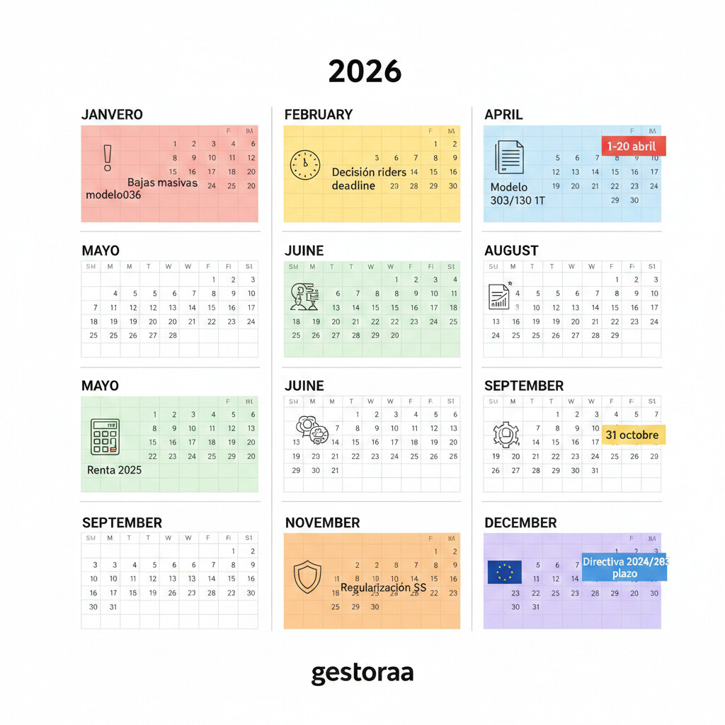Calendario visual 2026 con fechas críticas para gestorías que gestionan riders: plazos modelo 036, vencimientos fiscales trimestrales, regularización Seguridad Social y transposición Directiva Europea