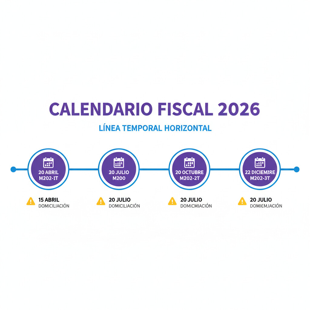 Calendario fiscal 2026 Impuesto Sociedades: Modelo 200 julio, Modelo 202 abril octubre diciembre, plazos domiciliación