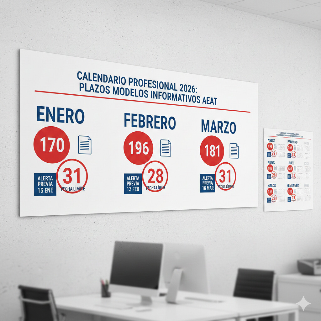 Timeline visual calendario presentaciones modelos 170 196 181 2026 AEAT con deadlines mensuales y fases implementación gestoría