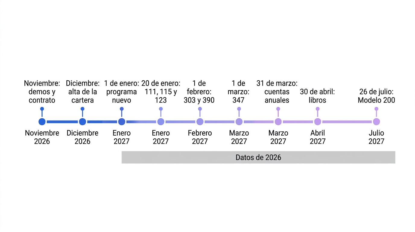 Calendario de cambio de programa de gestoría para el 1 de enero de 2027, de noviembre de 2026 a julio de 2027, con los vencimientos de 2026