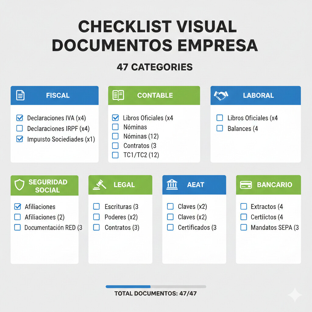 Checklist visual de documentación necesaria para cambiar de gestoría, organizada por categorías con checkboxes