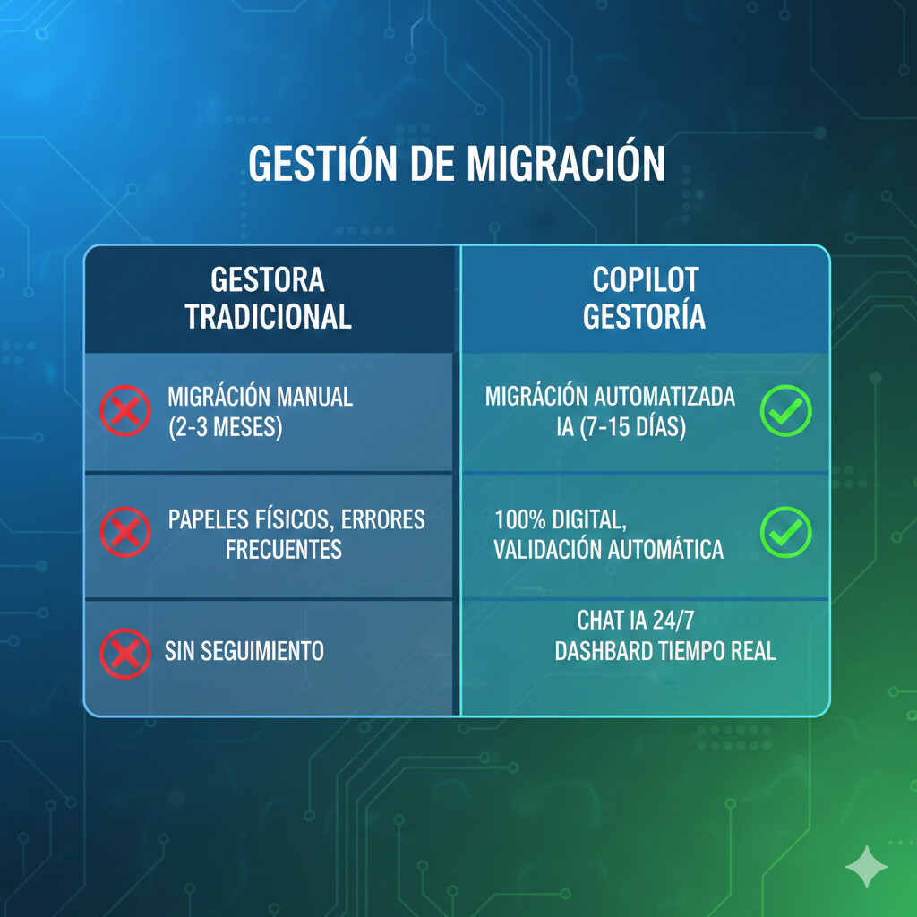 Comparativa visual del proceso de migración tradicional vs COPILOT GESTORIA con IA, mostrando reducción de 3 semanas a 72 horas