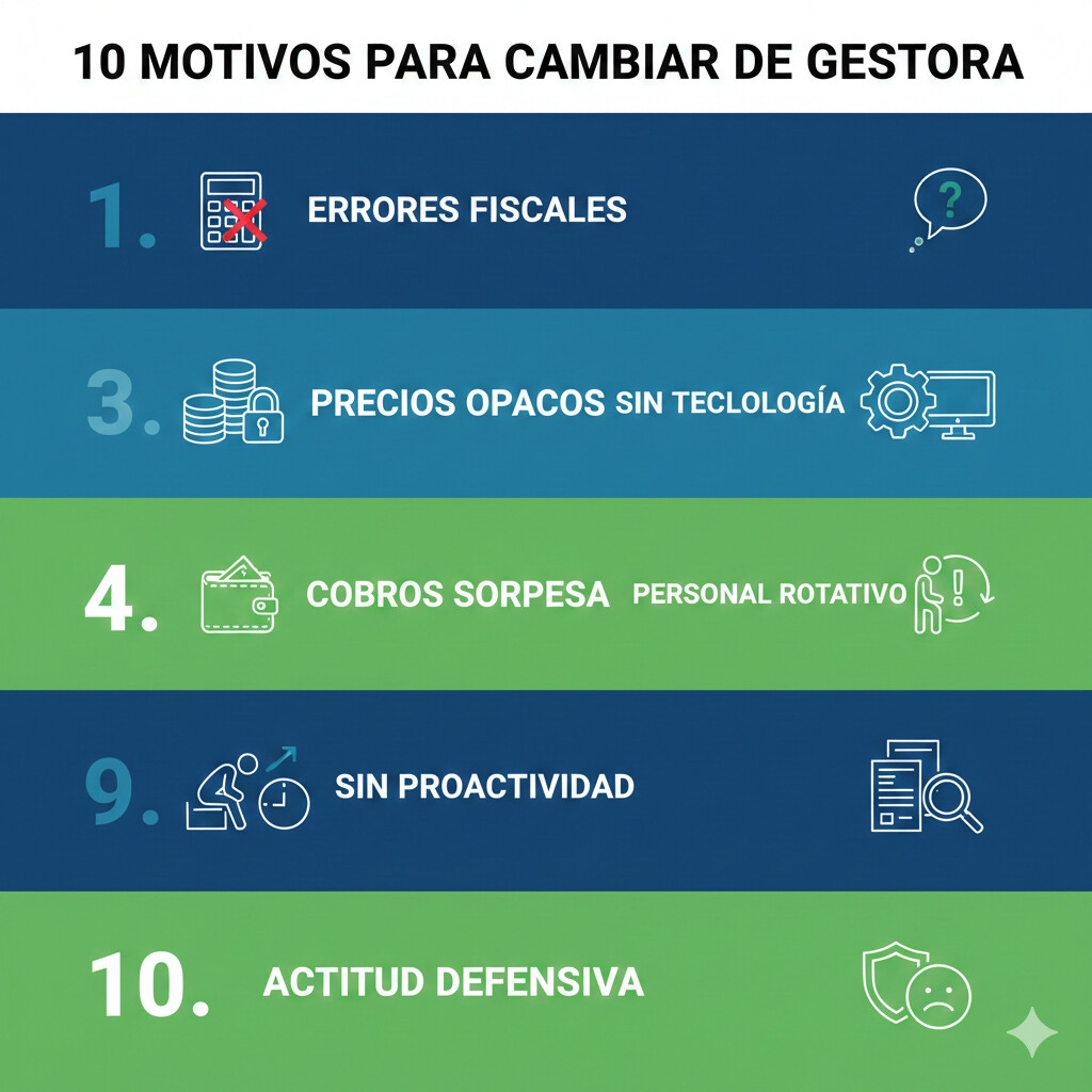 Infografía con los 10 principales motivos para cambiar de gestoría en 2025, mostrando estadísticas y pain points comunes