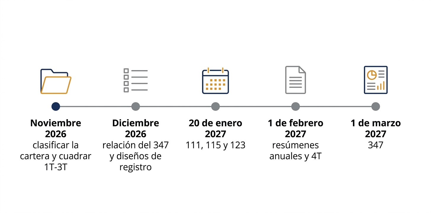 Línea de tiempo de noviembre de 2026 a marzo de 2027 con las tareas de la campaña de enero de una gestoría ordenadas por mes