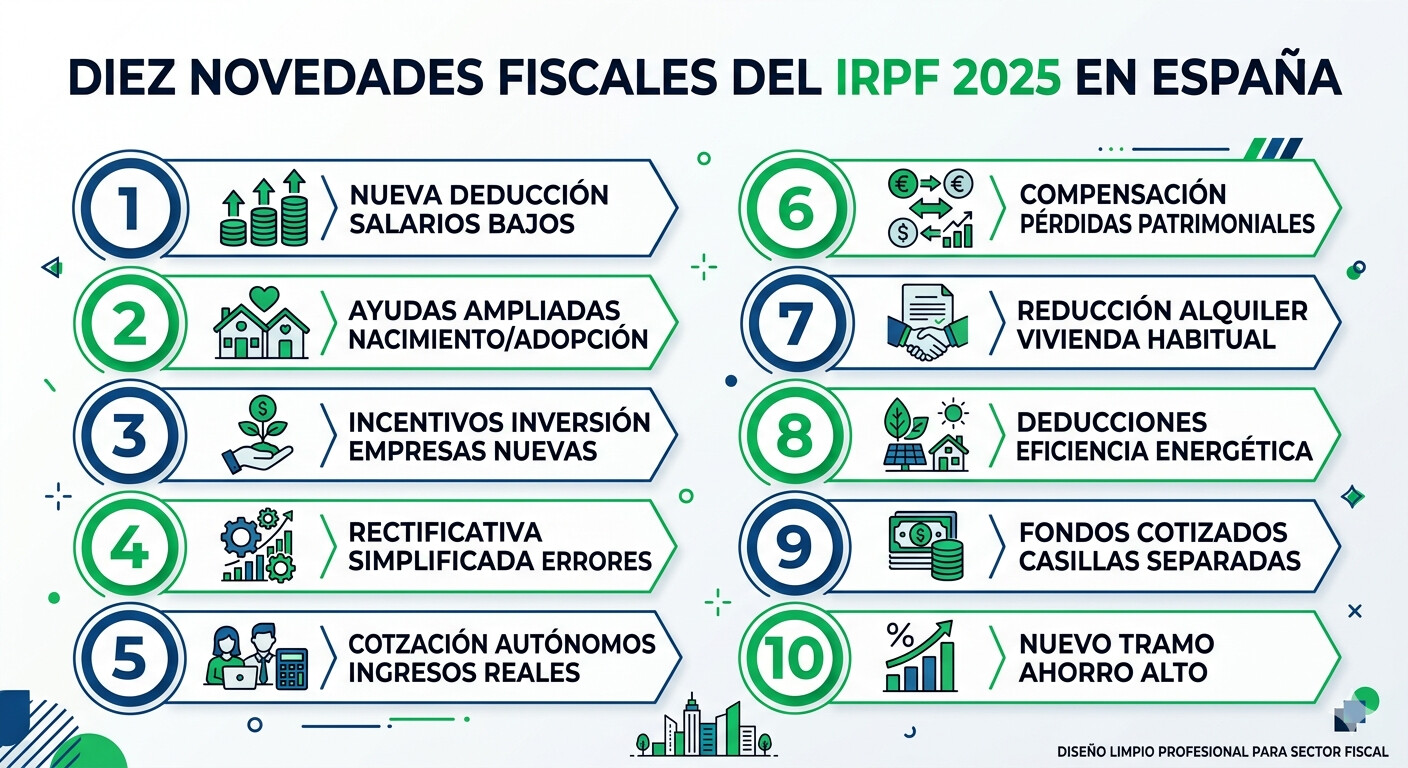 Tabla resumen 10 novedades IRPF 2025 con impacto operativo para gestores y asesores fiscales: deducción 340 euros, autoliquidación rectificativa, ETF casillas nuevas