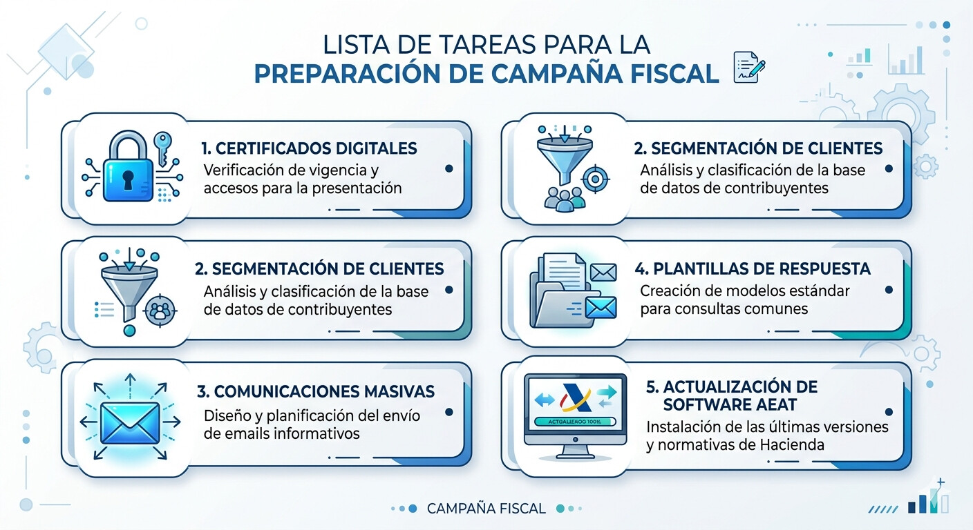Lista de tareas previas campaña Renta 2026: verificar accesos Cl@ve, segmentar cartera, enviar solicitud documentación, actualizar software AEAT