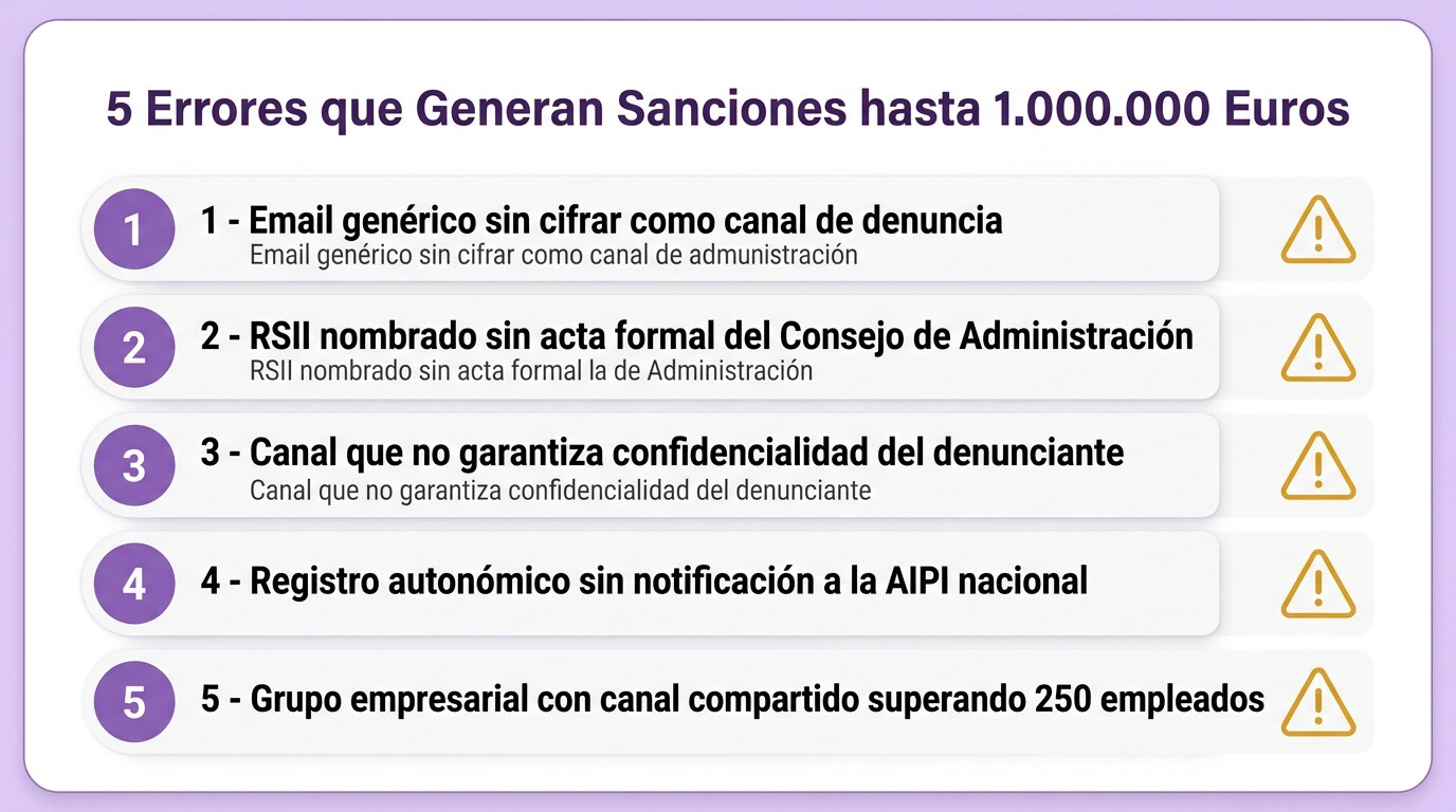 Diagrama de los 5 errores más comunes al implementar un canal de denuncias en empresas españolas: email sin cifrar, RSII sin acta formal, sin denuncias anónimas, registro autonómico insuficiente y grupos empresariales mal configurados