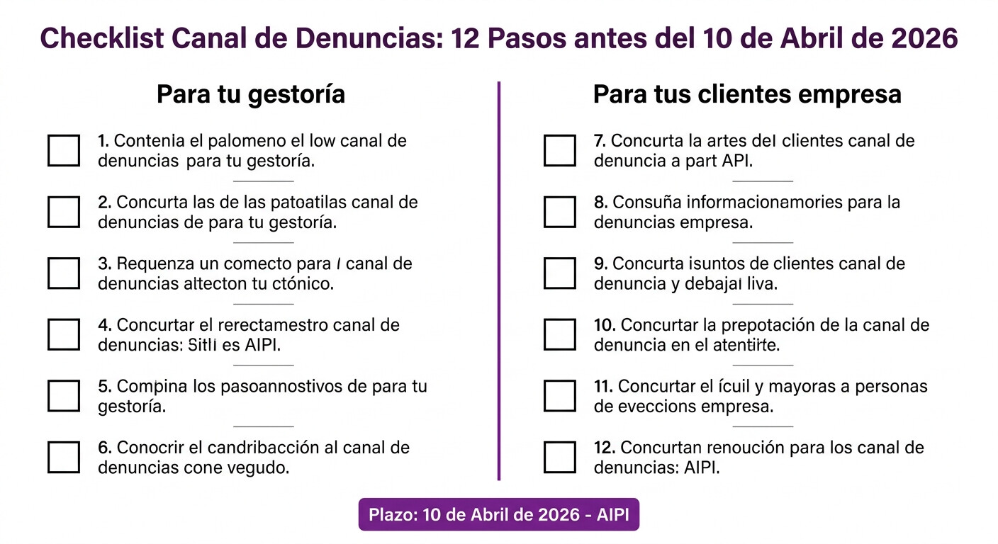 Lista de verificación con los 12 pasos necesarios para cumplir con el canal de denuncias obligatorio antes del 10 de abril de 2026: verificar obligatoriedad, designar RSII con acta formal, notificar a la AIPI, verificar plataforma técnica conforme a Recomendación 1 de 2026 y otros requisitos de cumplimiento