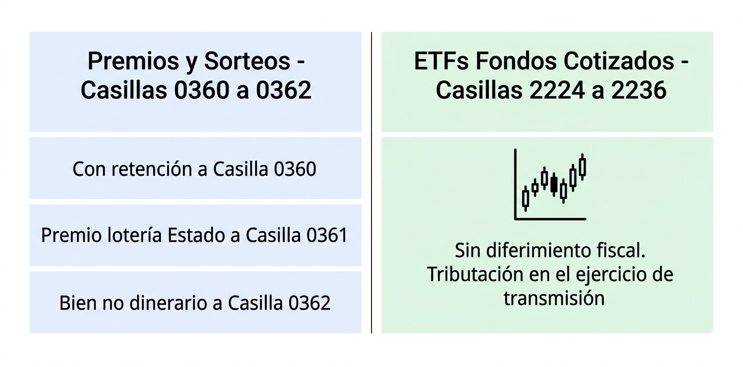 Esquema explicativo de las nuevas casillas 0360 a 0362 para premios y sorteos y del bloque 2224 a 2236 para fondos cotizados ETFs en el Modelo 100 de la Renta 2026, con diferenciación por tipo de retención y régimen fiscal aplicable