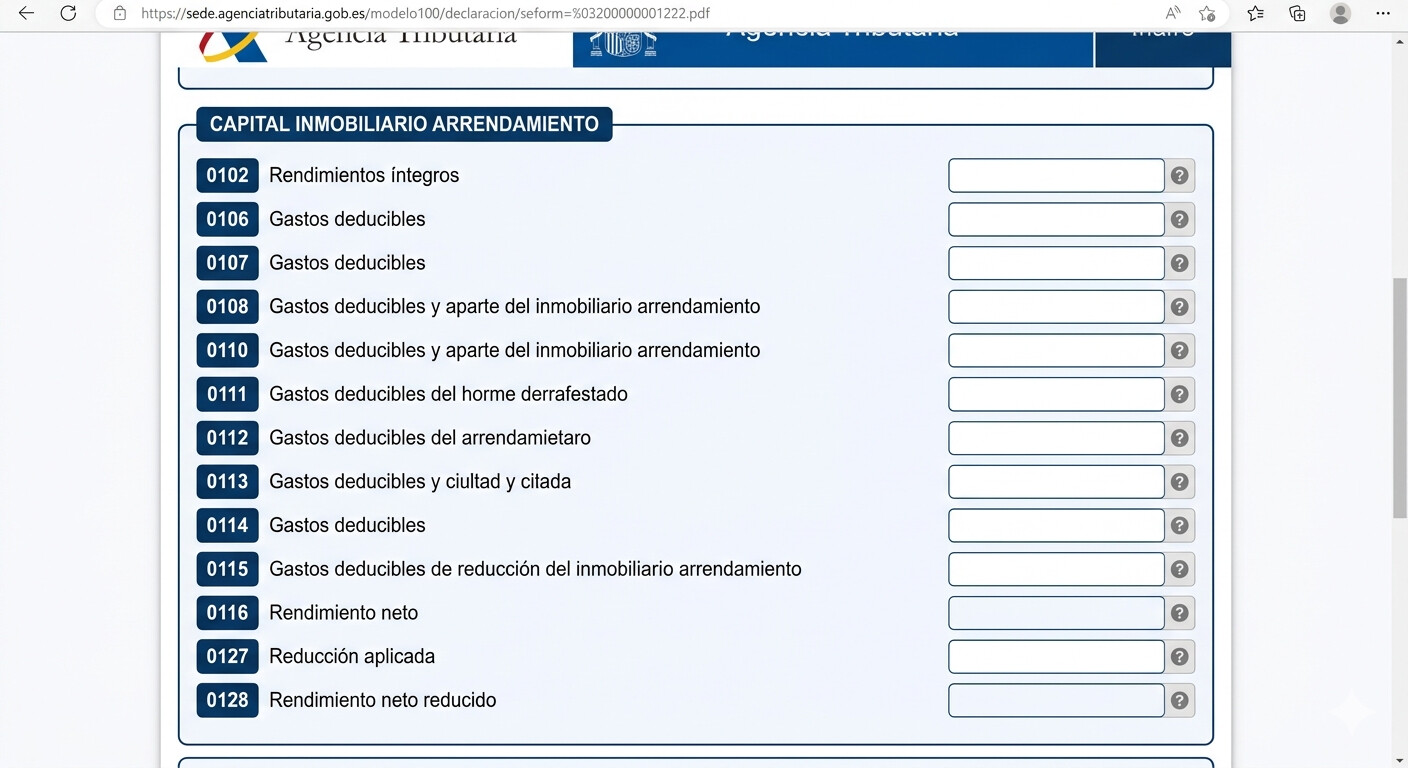 Casillas de Renta Web 2025 para declarar rendimientos de capital inmobiliario por arrendamiento: casillas 0102 a 0128