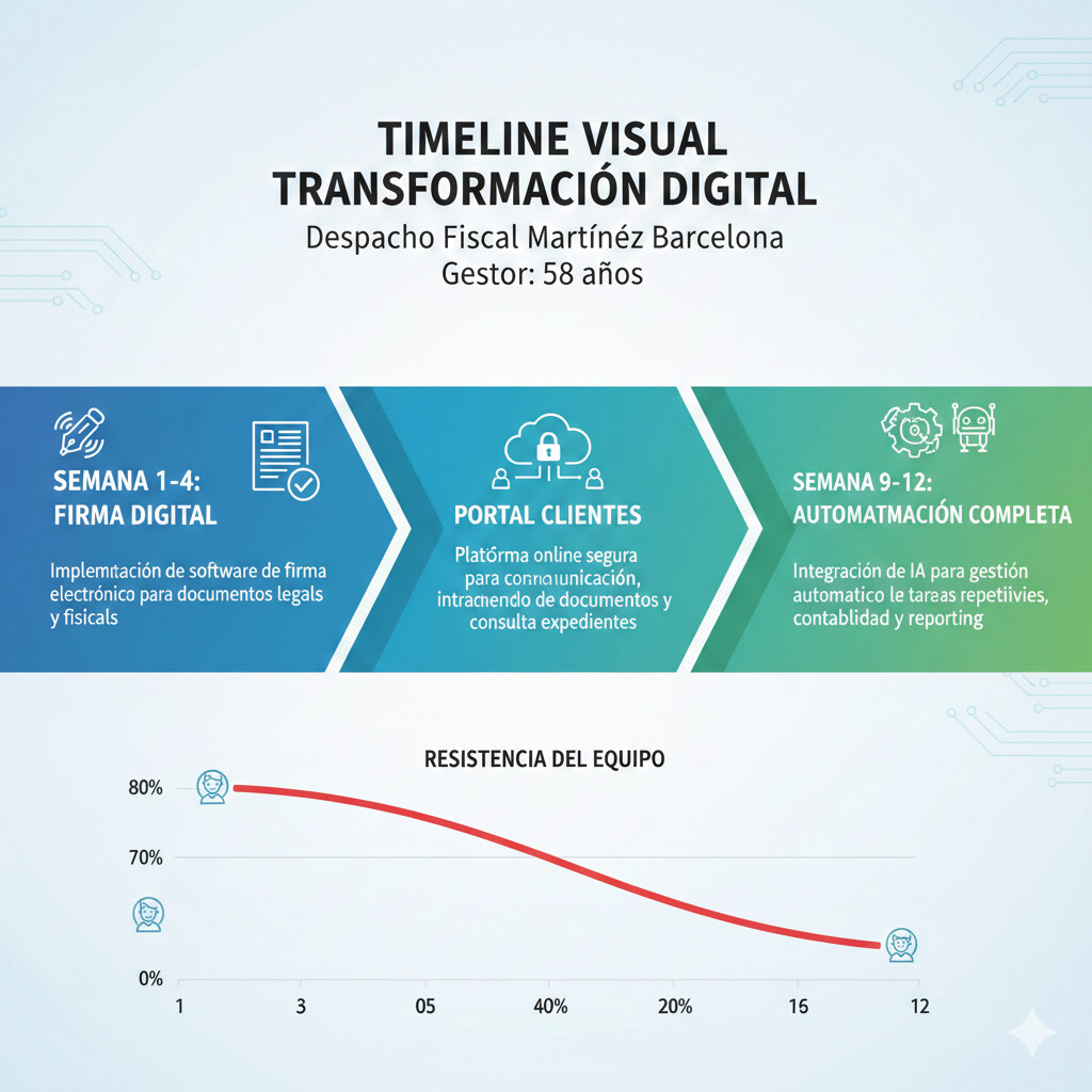 Timeline transformación digital Despacho Fiscal Martínez mostrando adopción gradual herramientas en 90 días con reducción resistencia equipo