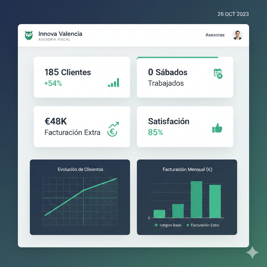 Dashboard métricas Asesoría Fiscal Innova mostrando crecimiento 54% clientes, 70% reducción tiempo modelos fiscales y 71% menos llamadas clientes
