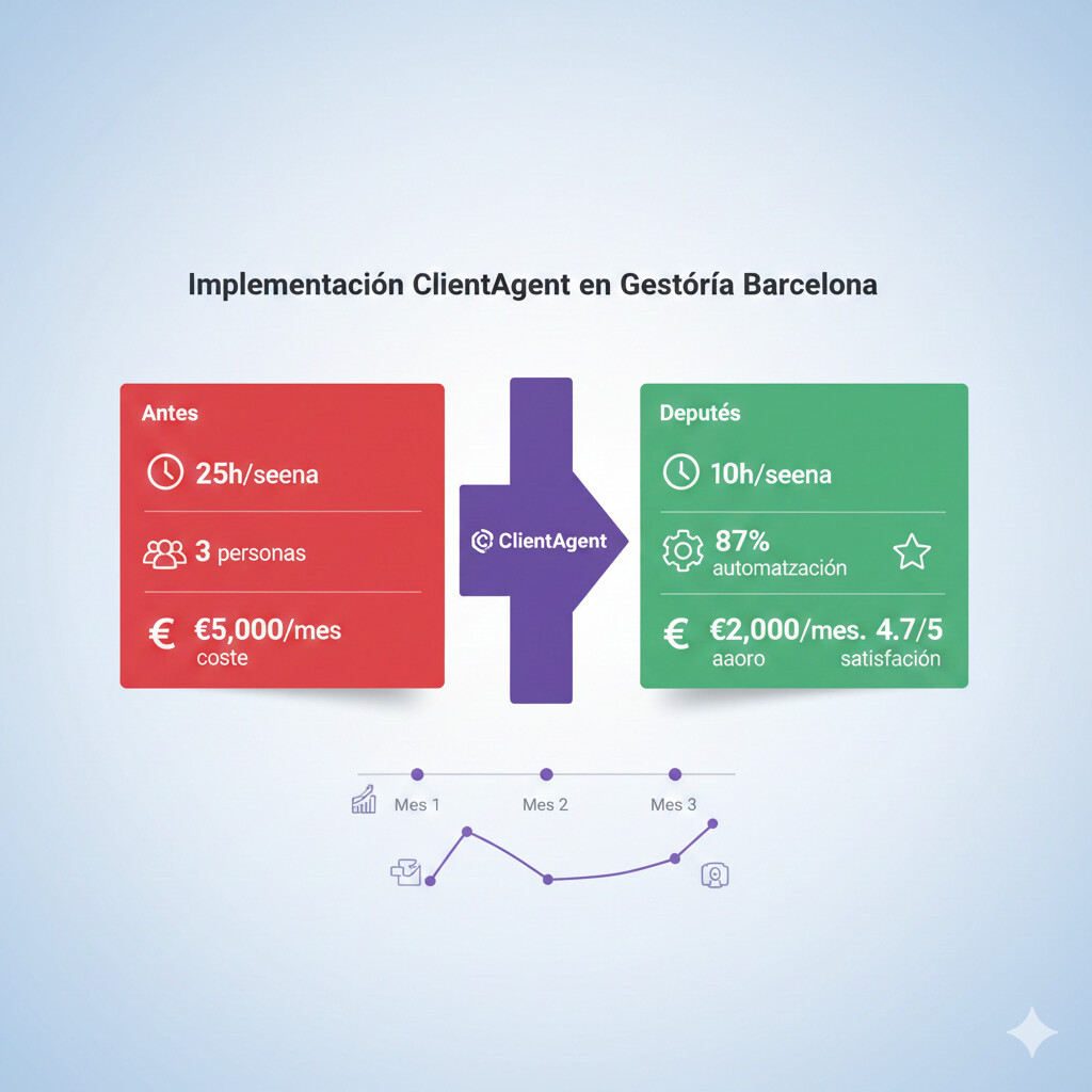 Gráfico comparativo antes vs después implementación ClientAgent en gestoría Barcelona mostrando reducción 60% tiempo consultas, 87% automatización, mejora satisfacción cliente de 4.2 a 4.7 sobre 5, y ahorro 2000 euros mensuales