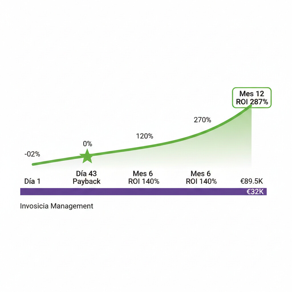 Gráfico timeline mostrando el ROI de Gascón Medina Asesores: día 43 recuperación inversión, 12 meses 287% ROI, evolución facturación mensual de €32K a €89.5K