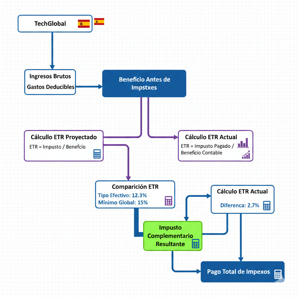 Diagrama visual del caso práctico TechGlobal: flujo de cálculo ETR, comparación con 15%, determinación top-up tax y presentación modelos AEAT