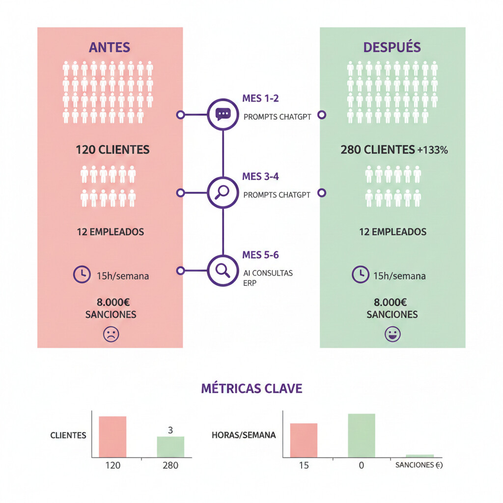 Gráfico de barras comparativo mostrando antes y después: 120 vs 280 clientes, 15h vs 3h procesamiento facturas, 8000€ vs 0€ sanciones, con timeline de implementación en 6 meses
