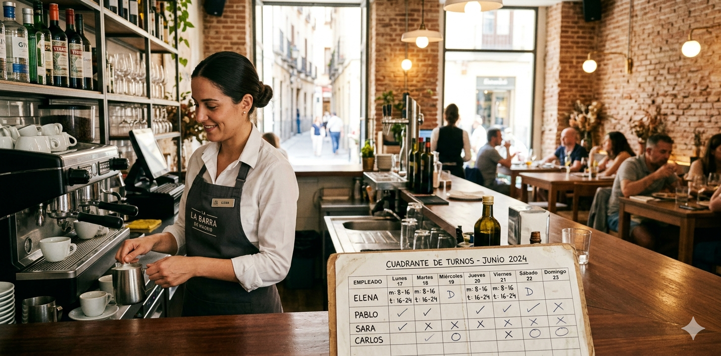 Cuadrante de turnos de un restaurante con 20 empleados marcando qué trabajadores tenían el 2 de mayo y el 15 de agosto asignados como día de descanso semanal en 2026