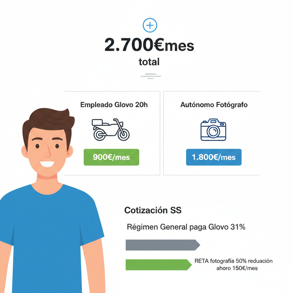 Caso práctico de Miguel, rider de 32 años en Barcelona, que combina empleo en Glovo 20h/semana con actividad autónoma como fotógrafo de eventos, mostrando ingresos mensuales y estructura fiscal