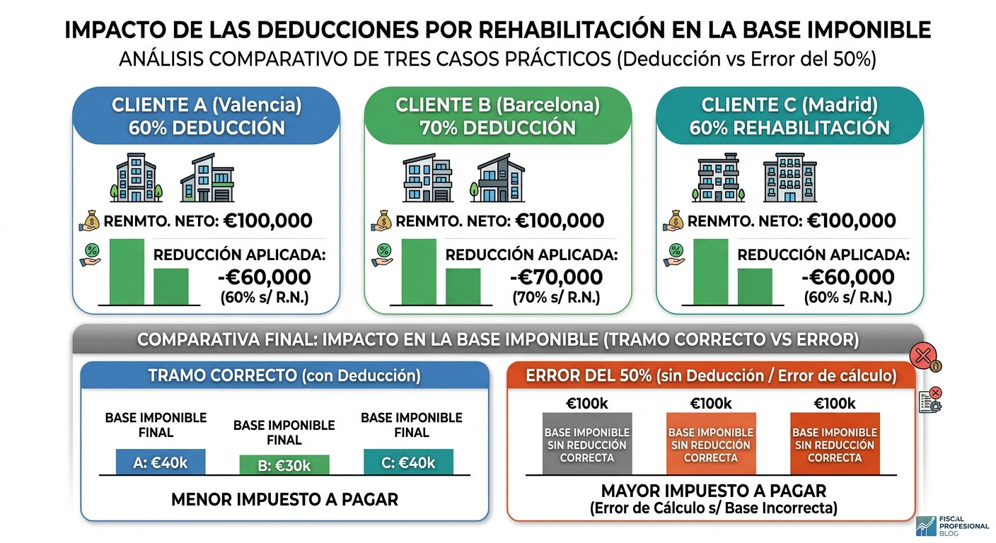 Caso práctico IRPF 2026: tres clientes arrendadores con distintos tramos de reducción del alquiler en una gestoría