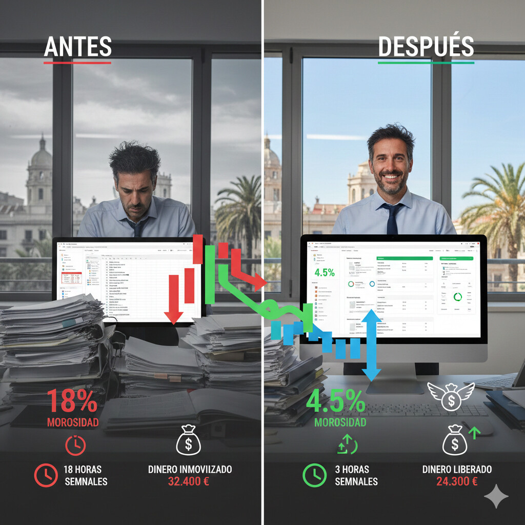 Antes y después de implementar automatización cobros en gestoría: gráfico comparativo morosidad 18% vs 4.5%, tiempo dedicado 18h vs 3h semanales, capital inmovilizado reducido 24,300 euros, satisfacción cliente aumentada