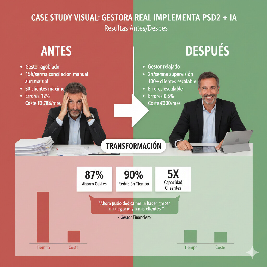 Infografía caso real Gestoría Martínez Barcelona: Timeline 12 semanas implementación, indicadores clave antes/después, retorno de inversión 1,431% anual, testimonios equipo
