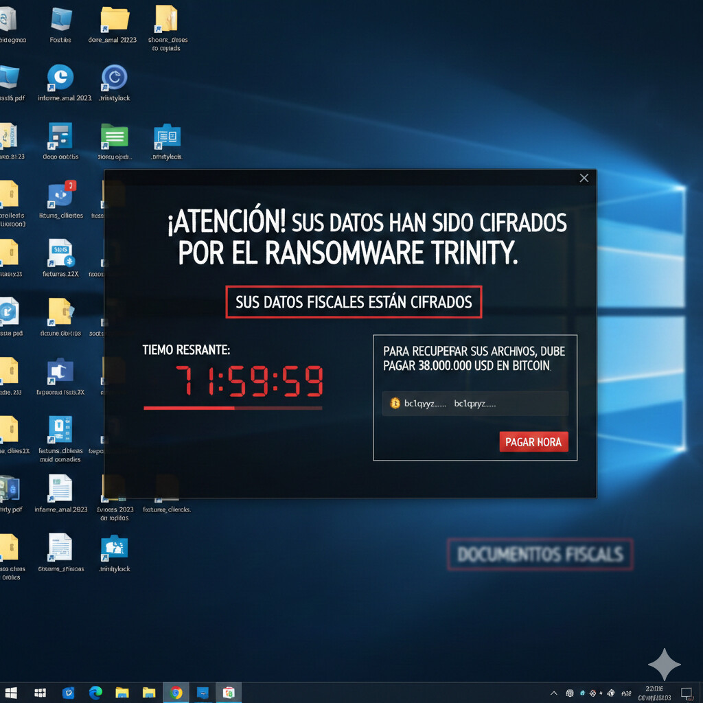 Captura del ransomware Trinity mostrando mensaje de rescate en pantalla de gestoría atacada en diciembre 2024, con archivos cifrados .trinitylock y demanda de 38 millones de dólares