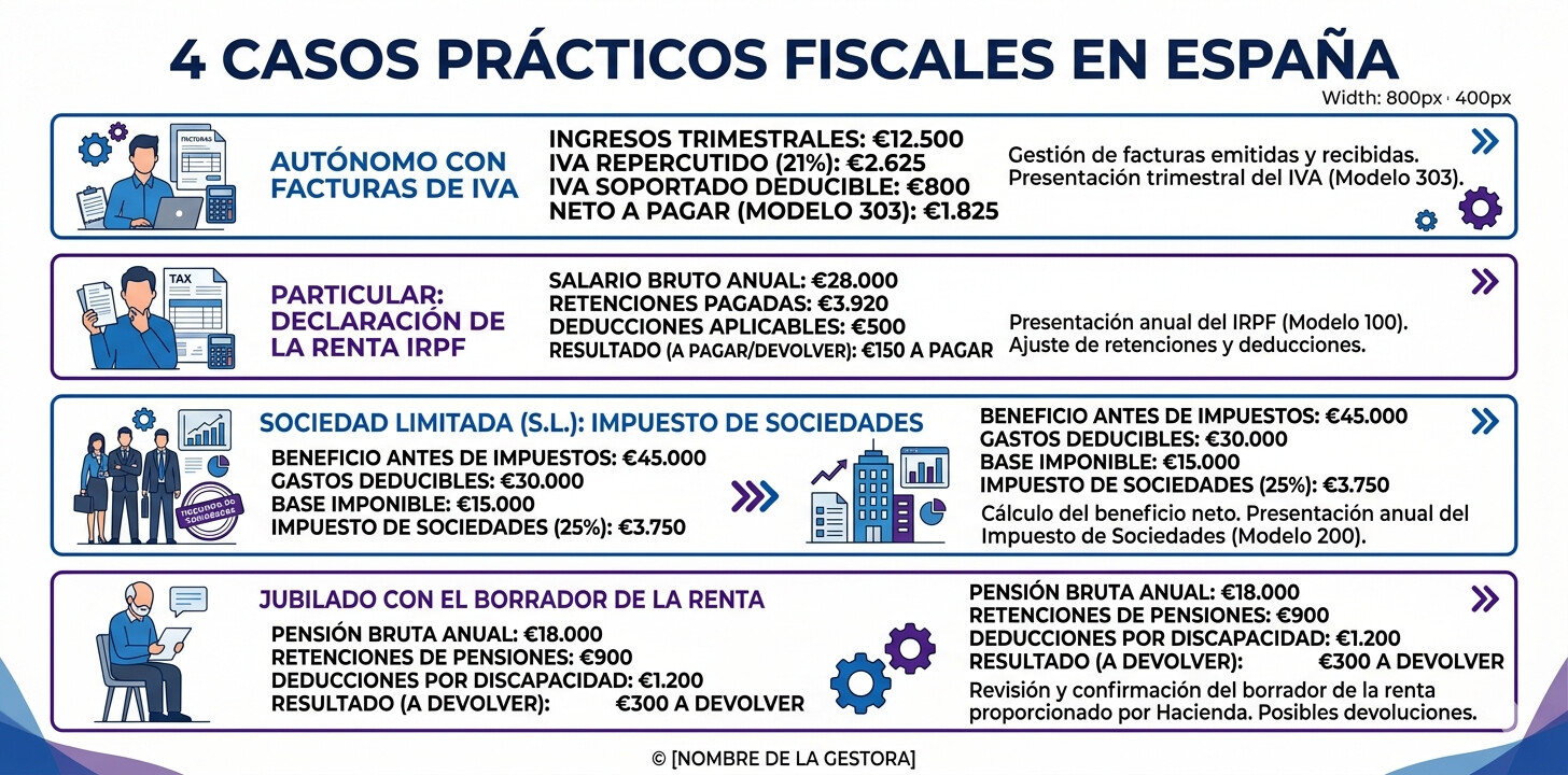 Cuatro casos prácticos de autoliquidación rectificativa con cálculos numéricos reales para IRPF, IVA e Impuesto de Sociedades en 2026