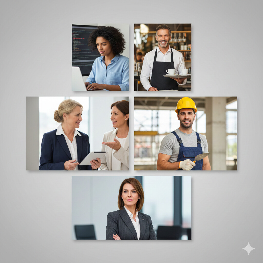 Cinco perfiles autónomos españoles diferentes sectores: desarrollador, hostelería, consultora, construcción, societaria