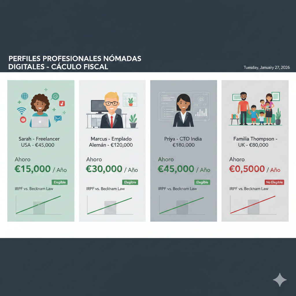 Infografía 4 perfiles nómadas digitales españa con cálculos fiscales reales: freelancer USA 45K, empleado alemán 120K, CTO startup 180K, familia UK 80K comparativa IRPF vs Beckham