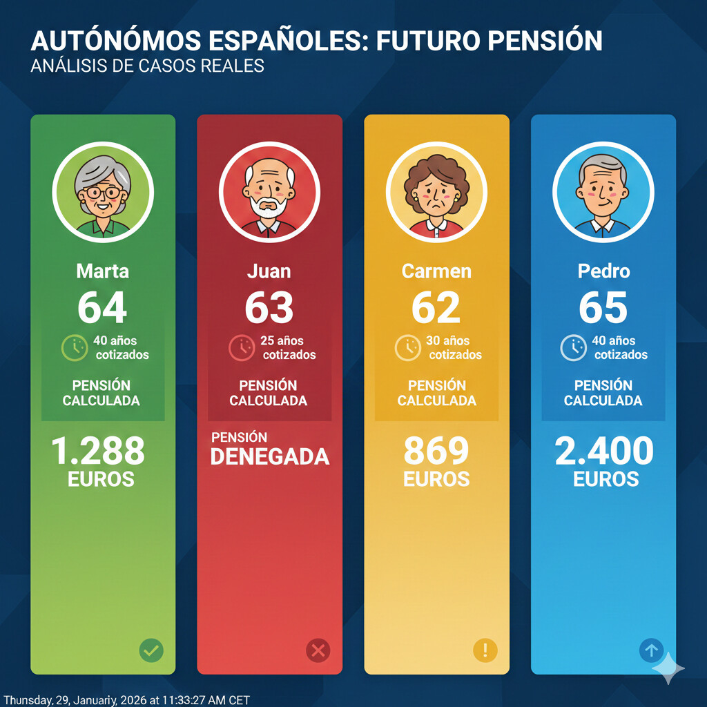 Infografía con 4 perfiles de autónomos mostrando sus pensiones calculadas con diferentes años cotizados y edades