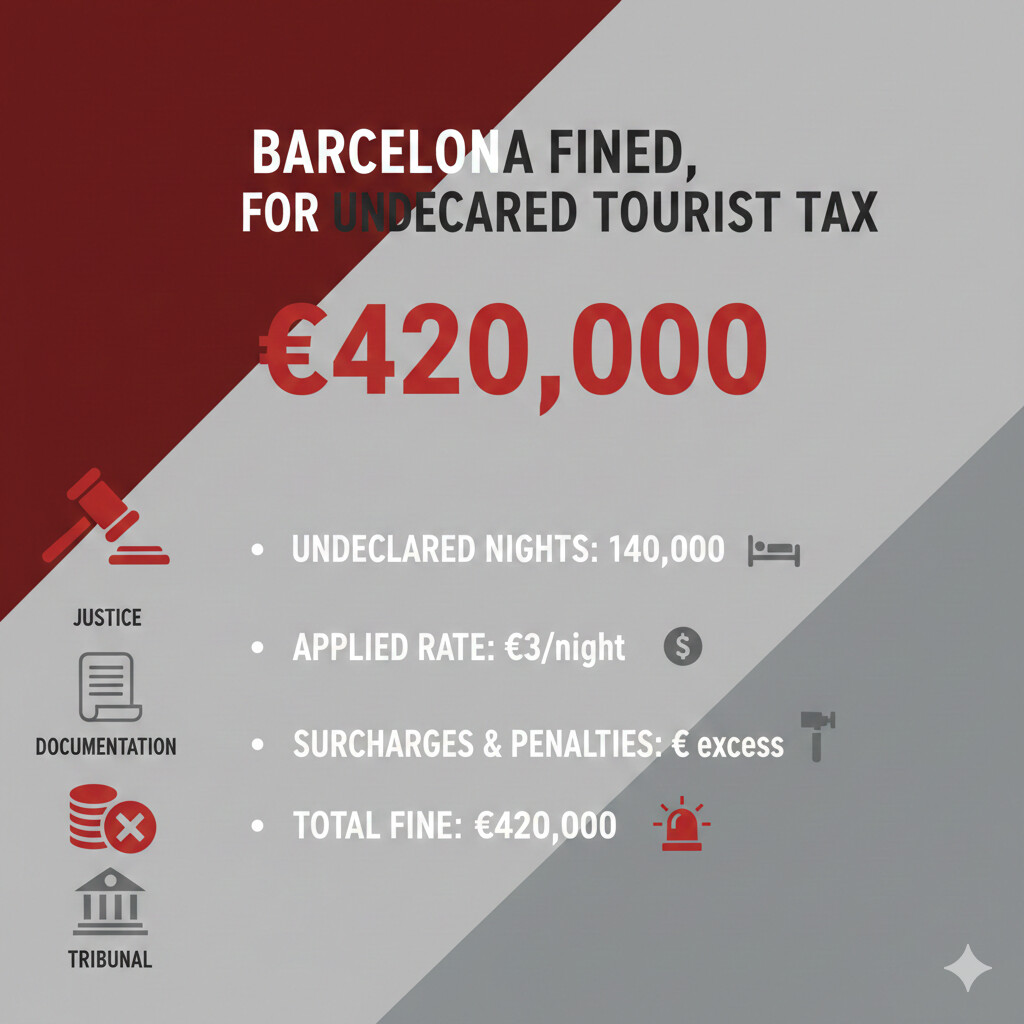 Infografía casos reales sanciones viviendas turísticas ilegales España 2024 mostrando 4 cards: Barcelona 420000 euros multa edificio 14 VUT, Baleares 1475 VUT detectadas, Madrid multas hasta 190000 euros, Barcelona 1153 sanciones acumuladas 4.3M euros recaudación