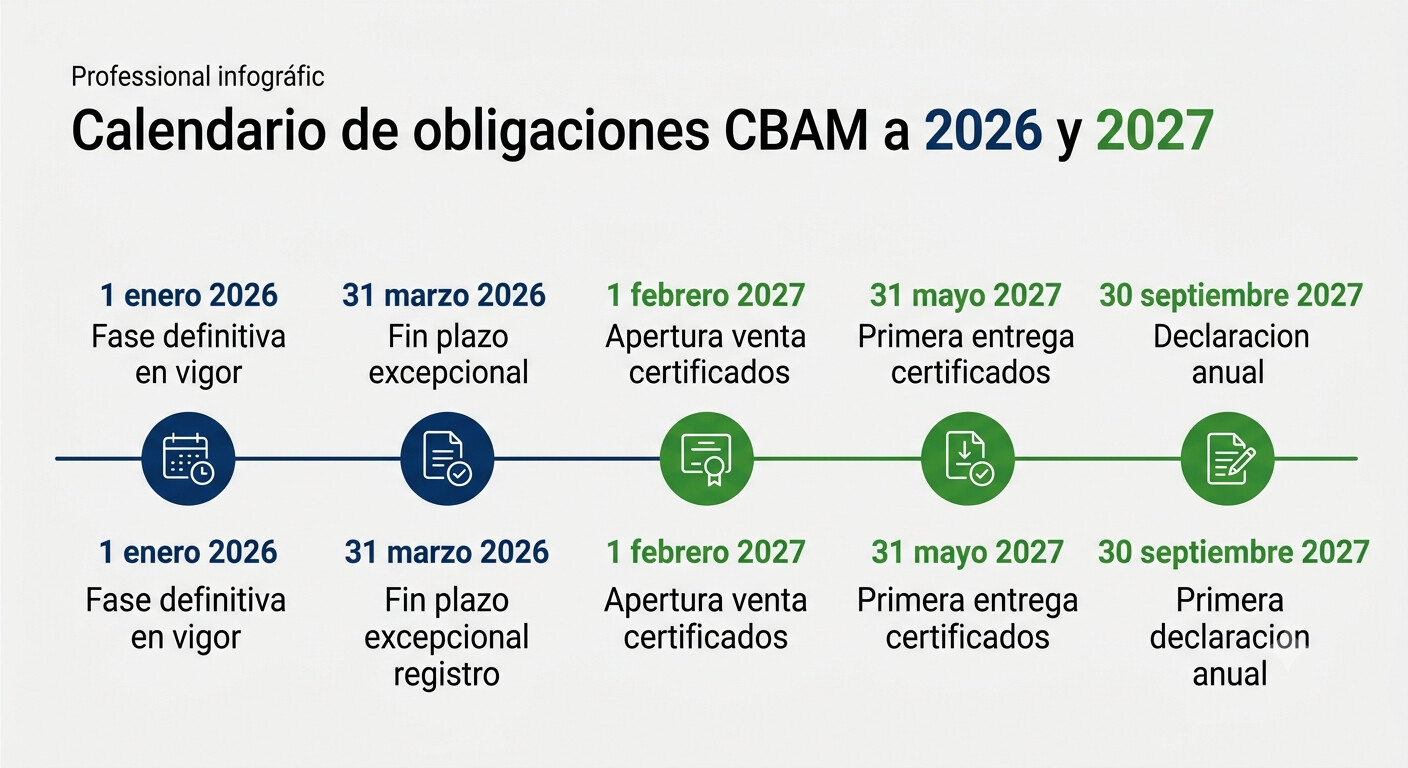 Línea de tiempo visual del calendario CBAM 2026-2027: desde la entrada en vigor el 1 enero 2026 hasta la primera declaración anual en septiembre 2027, con hitos clave destacados