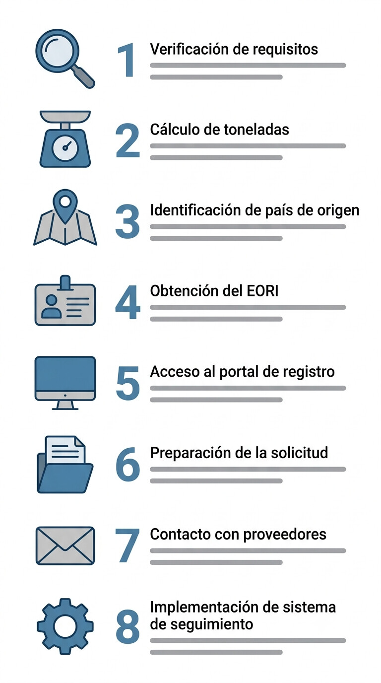 Lista de verificación en 8 pasos para registrarse como declarante CBAM autorizado en España: desde verificar el código TARIC hasta configurar el seguimiento de importaciones, ilustración profesional