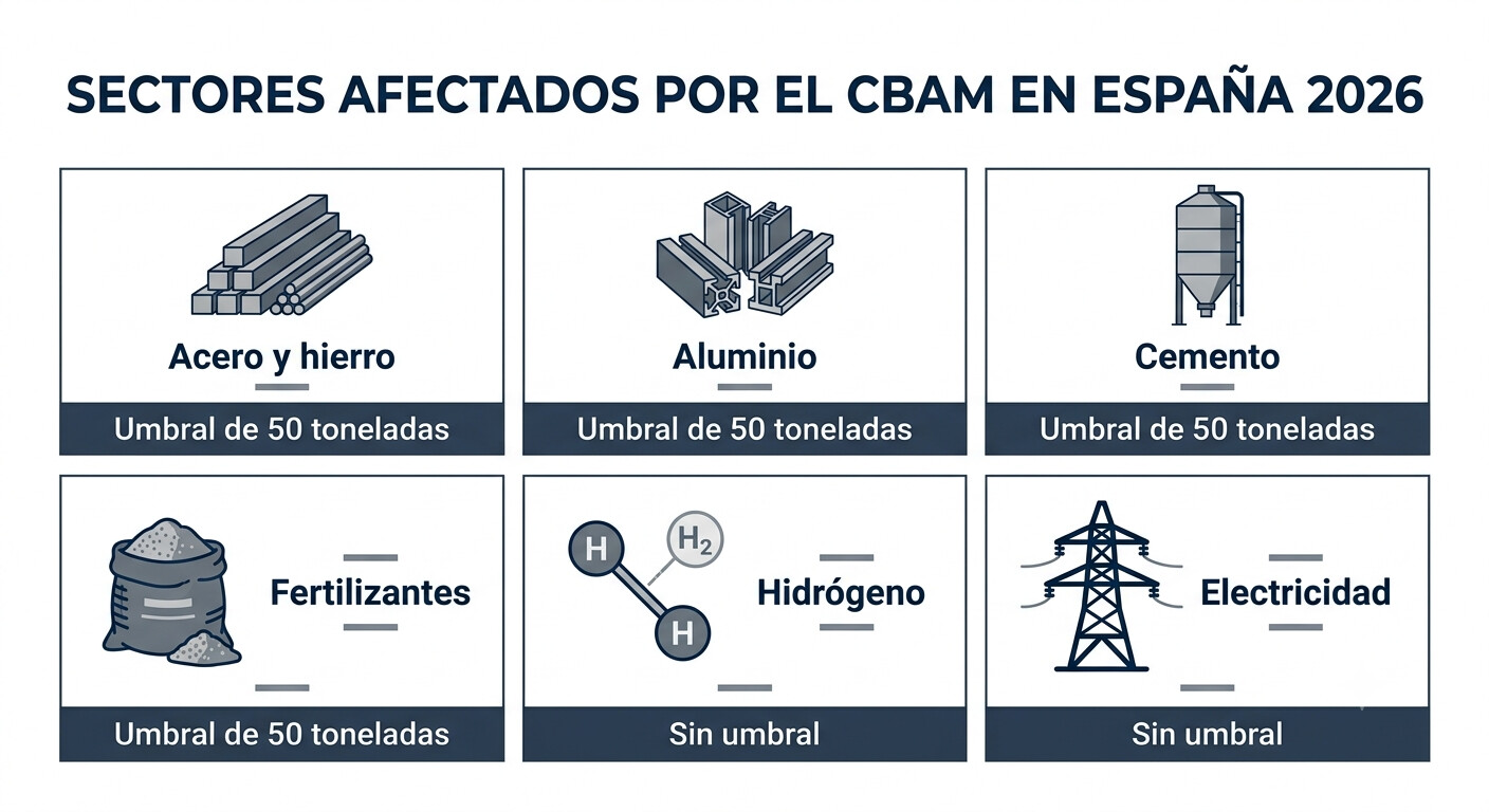 Infografía con los 6 sectores afectados por el CBAM en España 2026: acero y hierro, aluminio, cemento, fertilizantes, hidrógeno y electricidad, con iconos y códigos de nomenclatura combinada