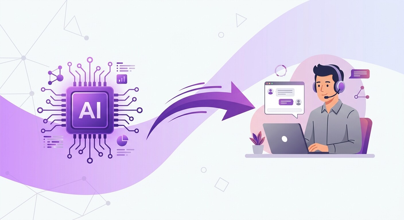 Ilustración de un chat de inteligencia artificial derivando una consulta compleja a un gestor humano dentro del portal del cliente